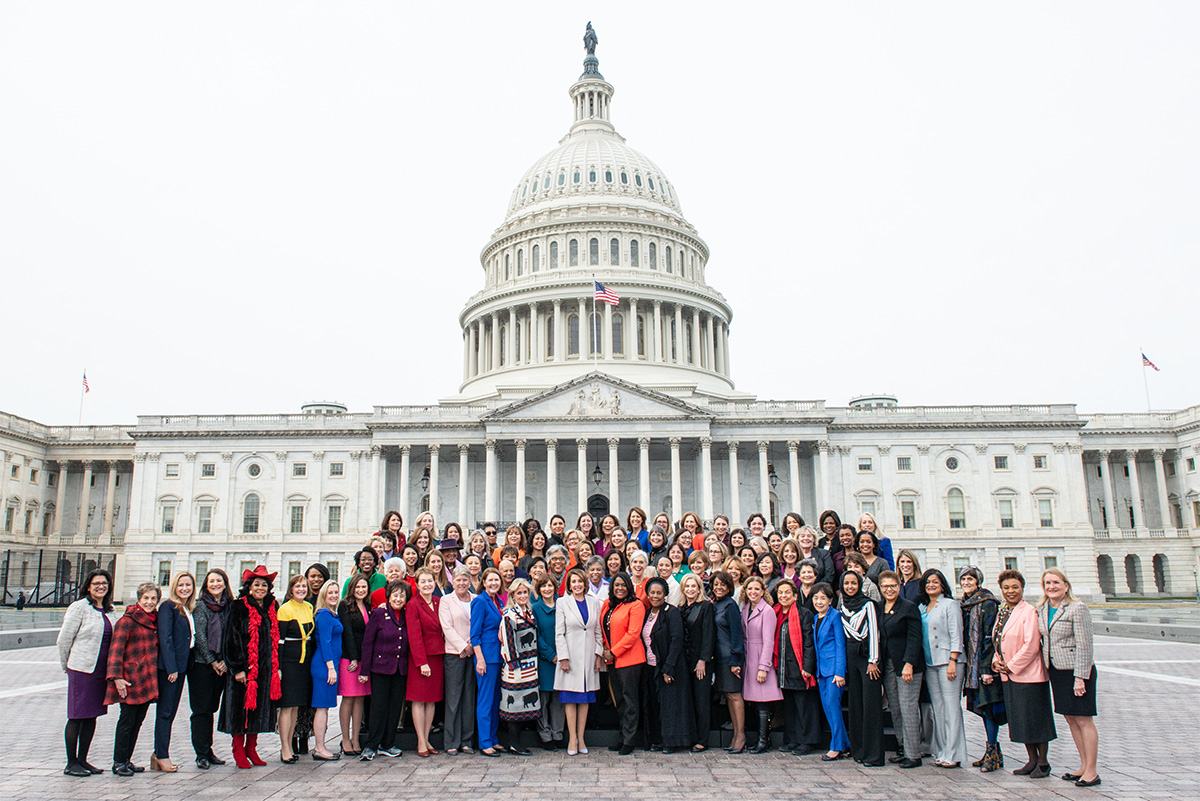 Ninety-one House Democratic women of the 116th Congress gathered in front of the Capitol after their swearing-in, the largest number of women in a party caucus in the history of Congress. Jan. 7, 2019. Office of the Speaker of the House