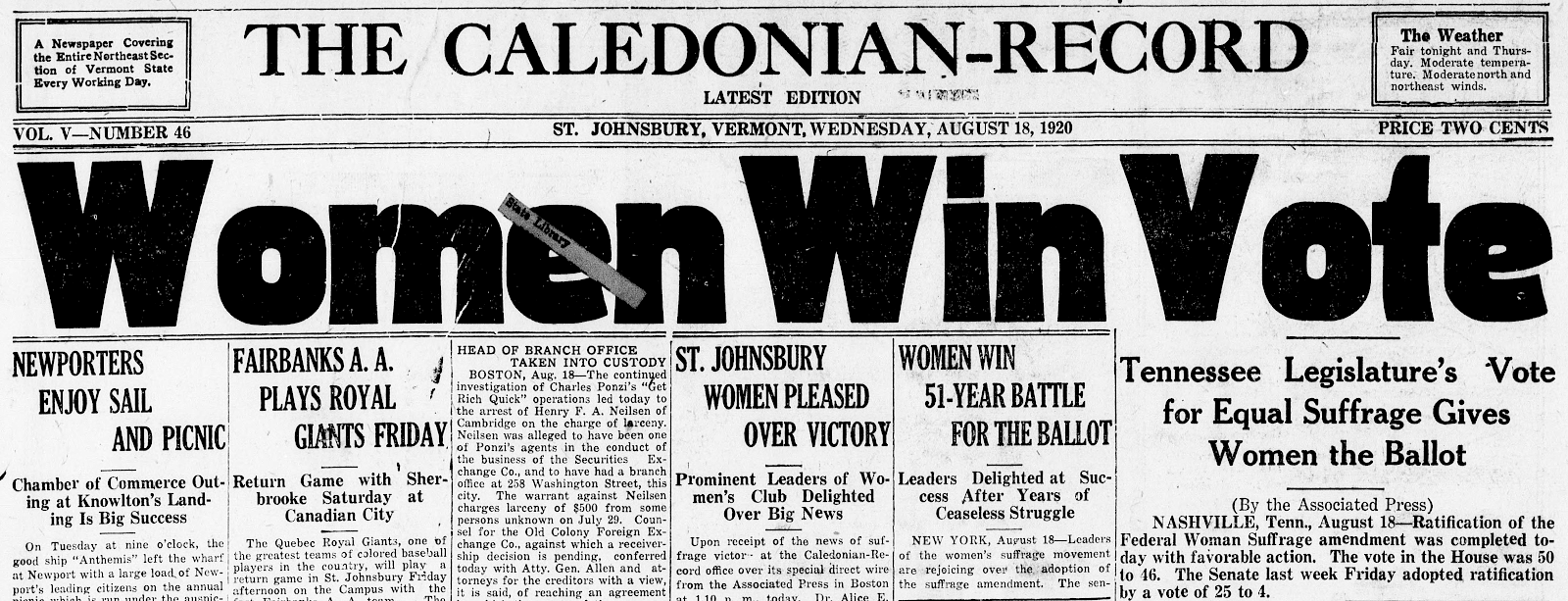Headline in the Caledonian-Record. St. Johnsbury, Vermont, Aug. 18, 1920. Library of Congress