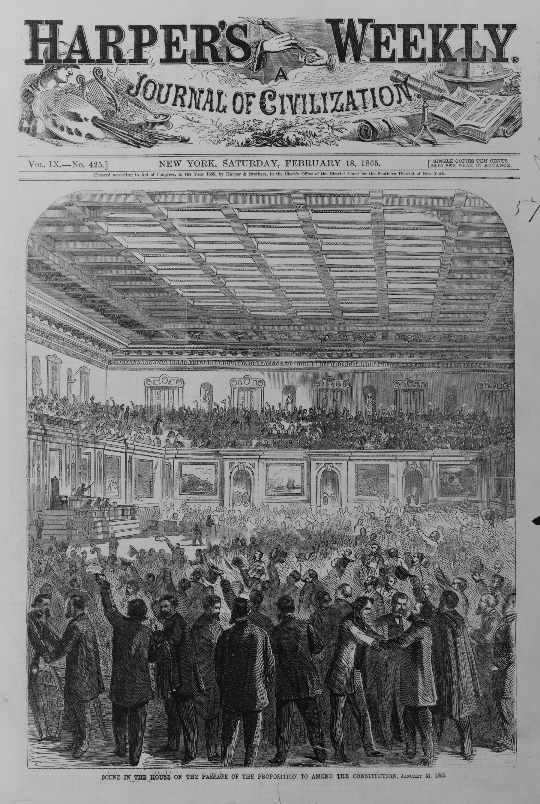 Scene in the House on the passage of the proposition to amend the Constitution, January 31, 1865