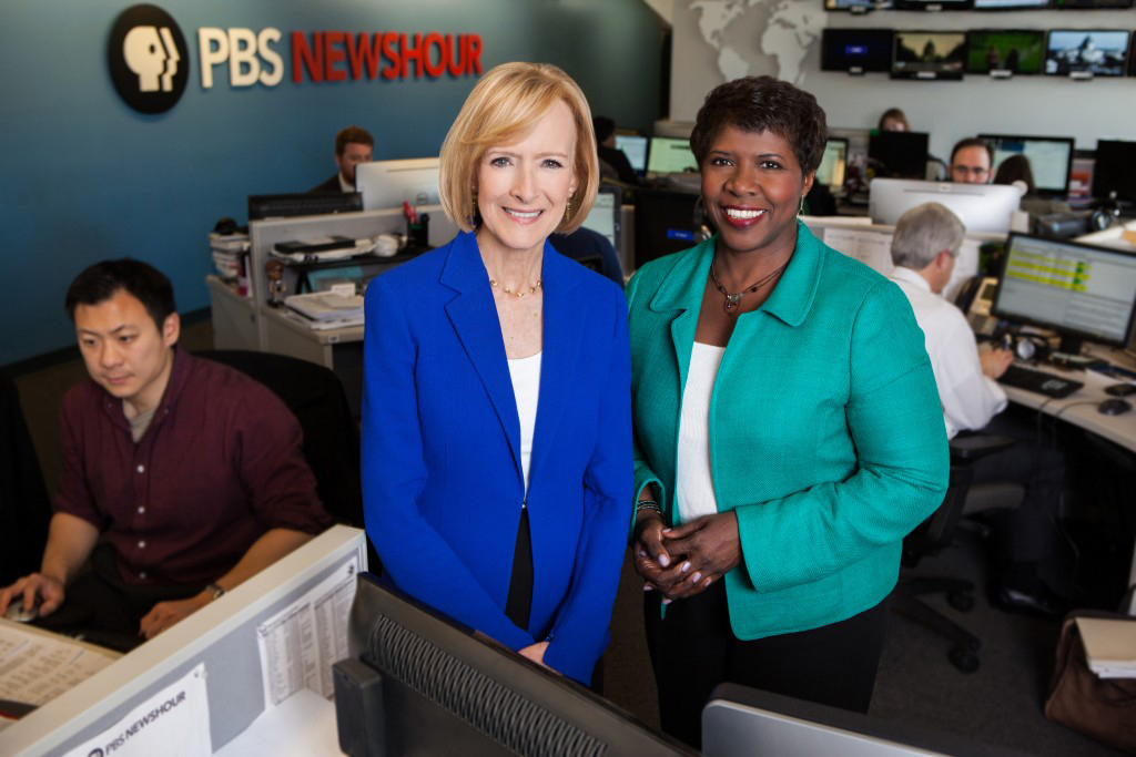 Judy Woodruff and Gwen Ifill of the PBS NewsHour became the first two women in history to coanchor a prime-time national news broadcast. August 6, 2015. Courtesy of PBS NewsHour.