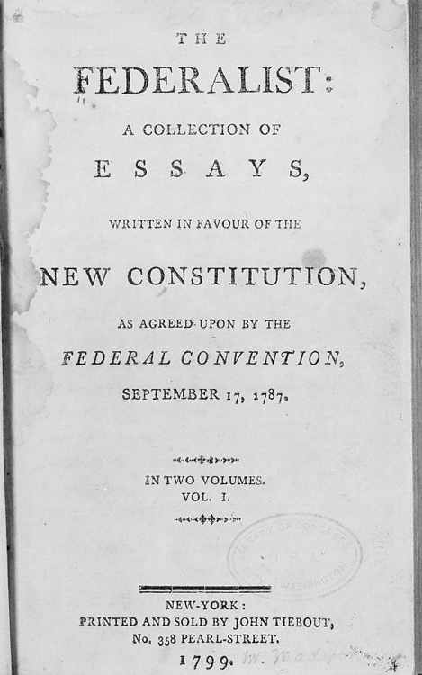 A 1787 newspaper advertisement for The Federalist Papers, an eighty-five-essay series that appeared in the New York Independent Journal and other newspapers. Alexander Hamilton, James Madison, and John Jay wrote The Federalist Papers under the pen name 'Publius.' Library of Congress