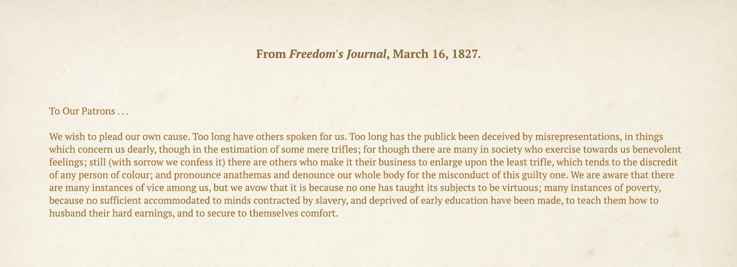 Freedom's Journal, March 16, 1827. John B. Russwurm and Samuel Cornish, founders. Library of Congress.
