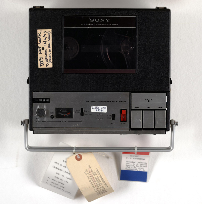 A Sony tape recorder used to tape conversations in the White House. Records of the Watergate Special Prosecution Force, RG 460 via