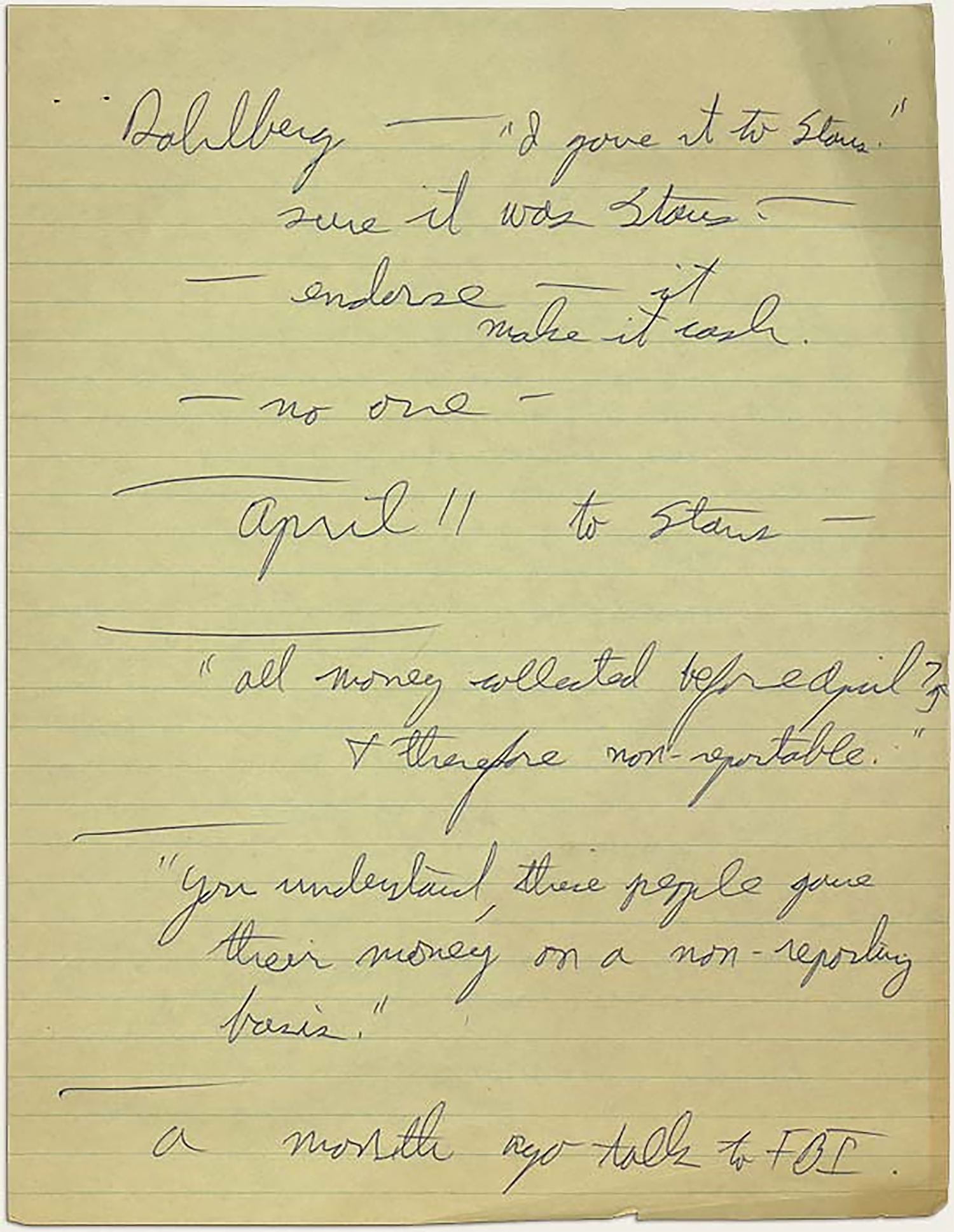 Notes by Woodward after an interview with Ken Dahlberg. Courtesy of the Harry Ransom Center at The University of Texas at Austin